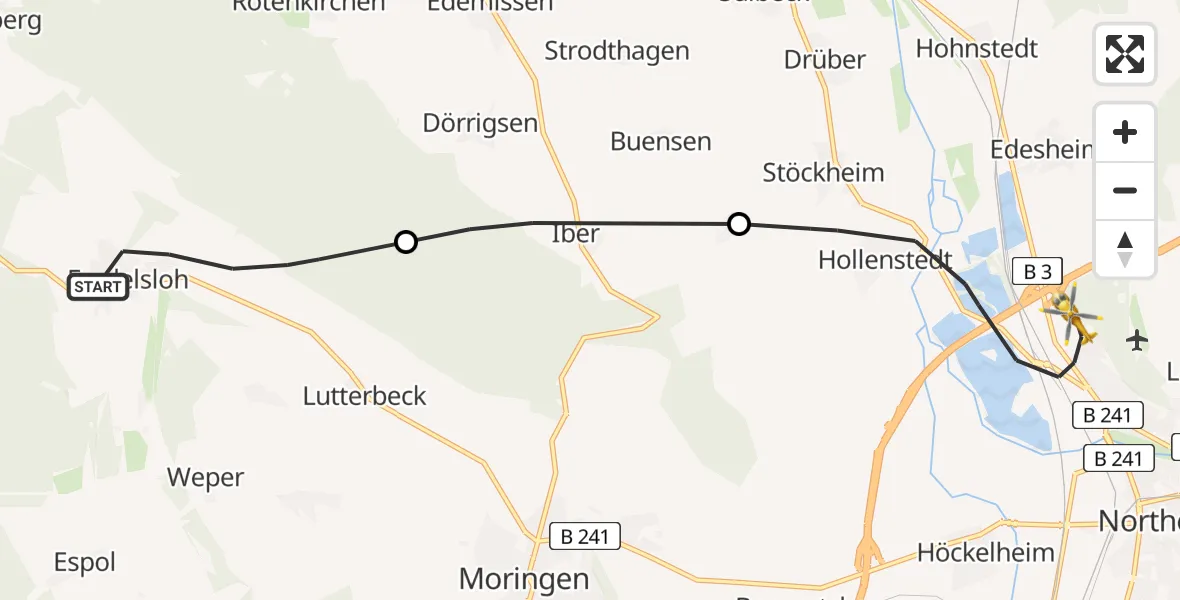 Flugroute Rettungshubschrauber Moringen - Northeim, 13 Mai 2026, 11:40