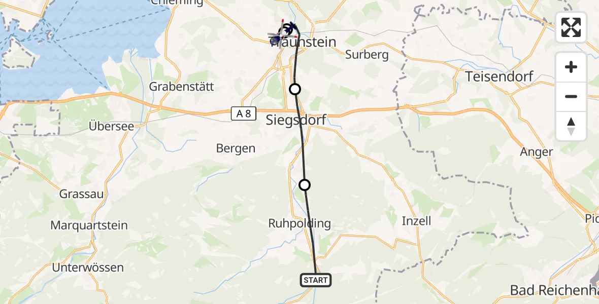 Flugroute Polizeihubschrauber Ruhpolding - Traunstein Hospital, 13 Mai 2026, 11:42