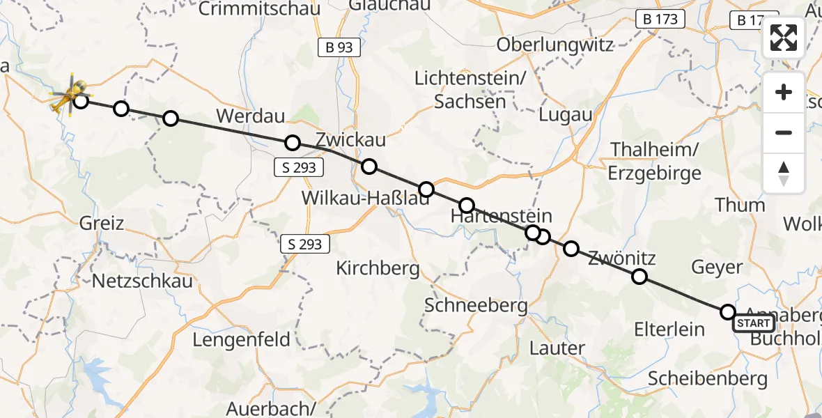 Flugroute Rettungshubschrauber Schlettau - Berga-Wünschendorf, 13 Mai 2026, 11:43
