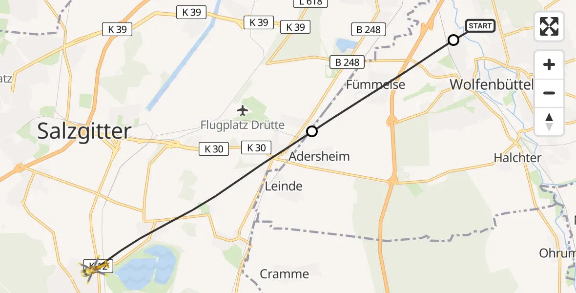 Flugroute Rettungshubschrauber Wolfenbüttel Municipal Hospital Heliport (Christoph 30) - Salzgitter, 13 Mai 2026, 11:44
