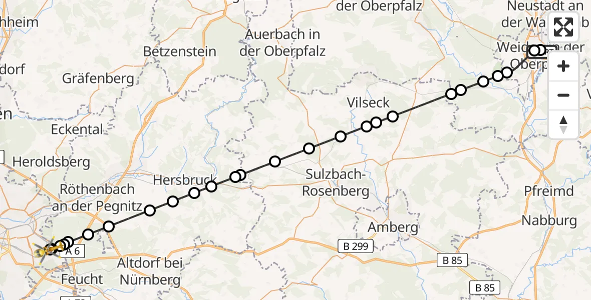 Flugroute Rettungshubschrauber Weiden Hospital - Nürnberg South Hospital, 13 Mai 2026, 11:55
