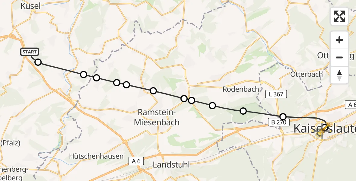 Flugroute Rettungshubschrauber Hüffler - Westpfalz Hospital Kaiserslautern, 13 Mai 2026, 12:01