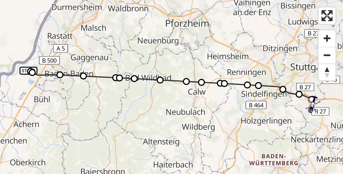 Flugroute Polizeihubschrauber Karlsruhe Baden-Baden Flughafen - Flughafen Stuttgart, 13 Mai 2026, 12:01