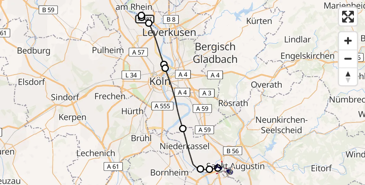 Flugroute Polizeihubschrauber Leverkusen - Sankt Augustin, 13 Mai 2026, 12:01