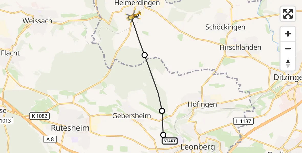 Flugroute Rettungshubschrauber Leonberg Hospital - Ditzingen, 13 Mai 2026, 12:07
