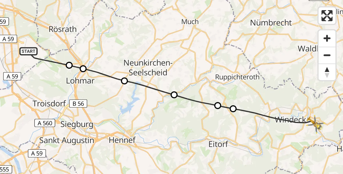 Flugroute Rettungshubschrauber Köln Bonn Flughafen - Windeck, 13 Mai 2026, 12:11