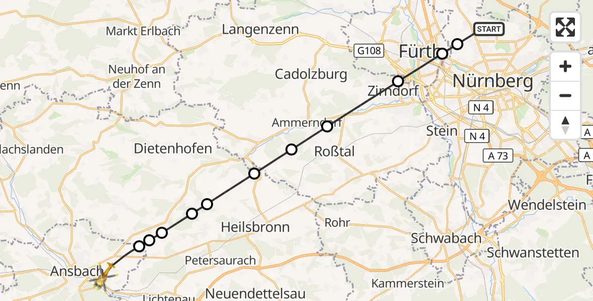 Flugroute Ambulanzhubschrauber Flughafen Nuremberg - Ansbach, 13 Mai 2026, 12:11