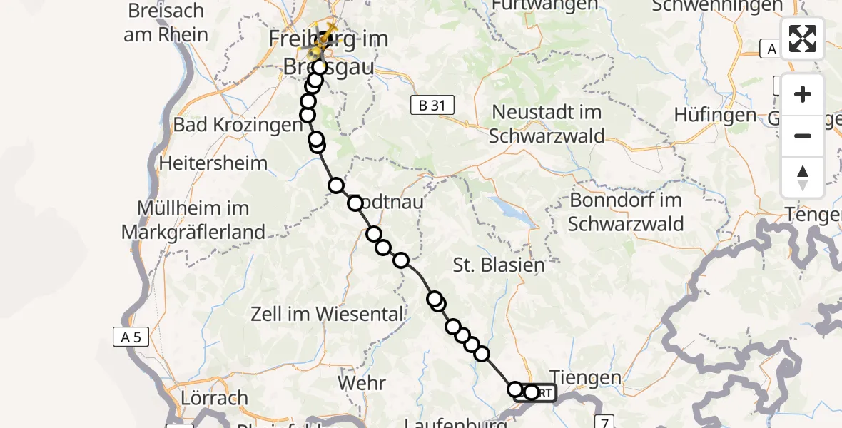 Flugroute Rettungshubschrauber Waldshut-Tiengen - Freiburg University Hospital Heliport 1, 13 Mai 2026, 12:11