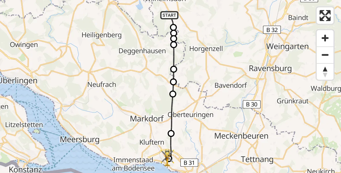 Flugroute Rettungshubschrauber Wilhelmsdorf - Friedrichshafen Hospital, 13 Mai 2026, 12:16