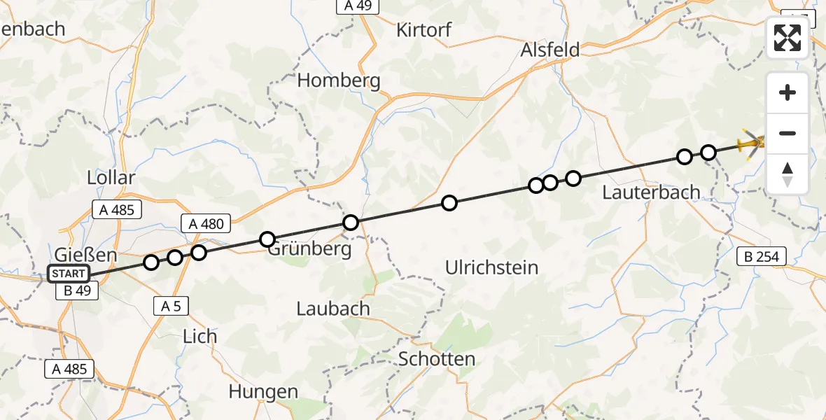 Flugroute Rettungshubschrauber Gießen - Schlitz, 13 Mai 2026, 12:18