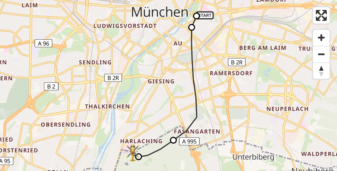 Flugroute Rettungshubschrauber Rechts der Isar University Hospital - ADAC Air Rescue Center Hubschrauberlandeplatz (Christoph 1), 13 Mai 2026, 12:19