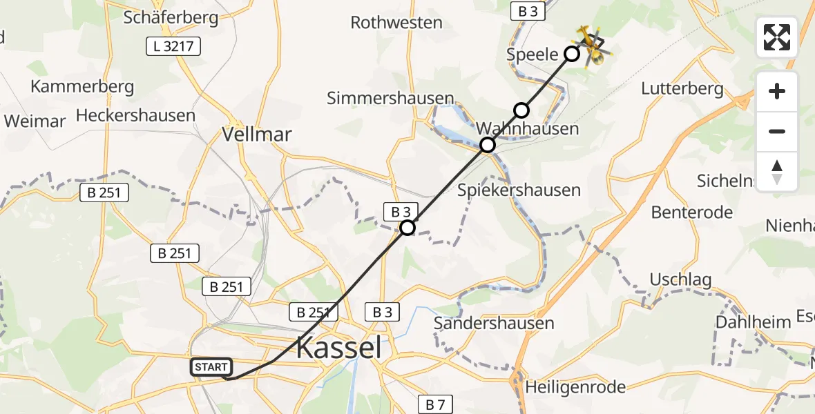 Flugroute Rettungshubschrauber Kassel - Staufenberg, 13 Mai 2026, 12:20