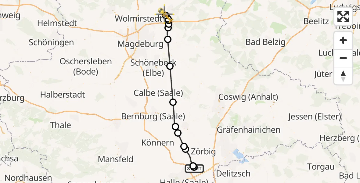 Flugroute Rettungshubschrauber Halle-Oppin Flugplatz - Jerichower Land District Hospital, 13 Mai 2026, 12:21