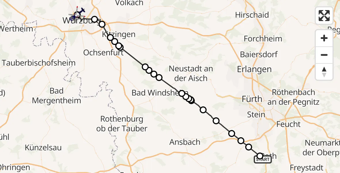 Flugroute Polizeihubschrauber Roth - Würzburg-Schenkenturm Flugplatz, 13 Mai 2026, 12:22