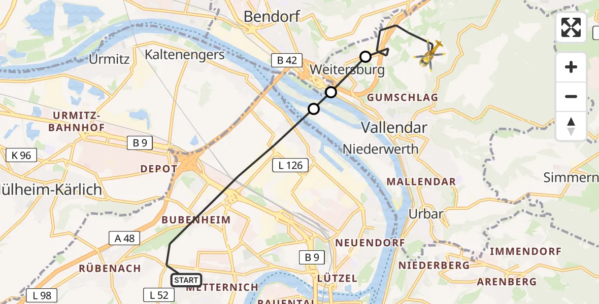 Flugroute Rettungshubschrauber Koblenz - Weitersburg, 13 Mai 2026, 12:23