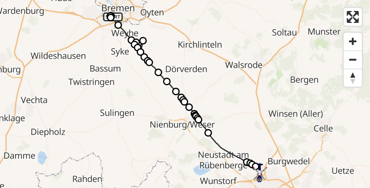 Flugroute Polizeihubschrauber Flughafen Bremen - Flughafen Hannover, 13 Mai 2026, 12:30