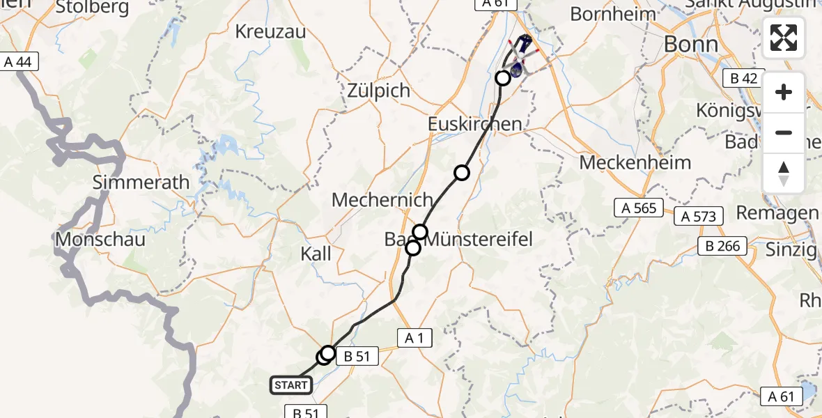 Flugroute Polizeihubschrauber Dahlem - Weilerswist, 13 Mai 2026, 12:39
