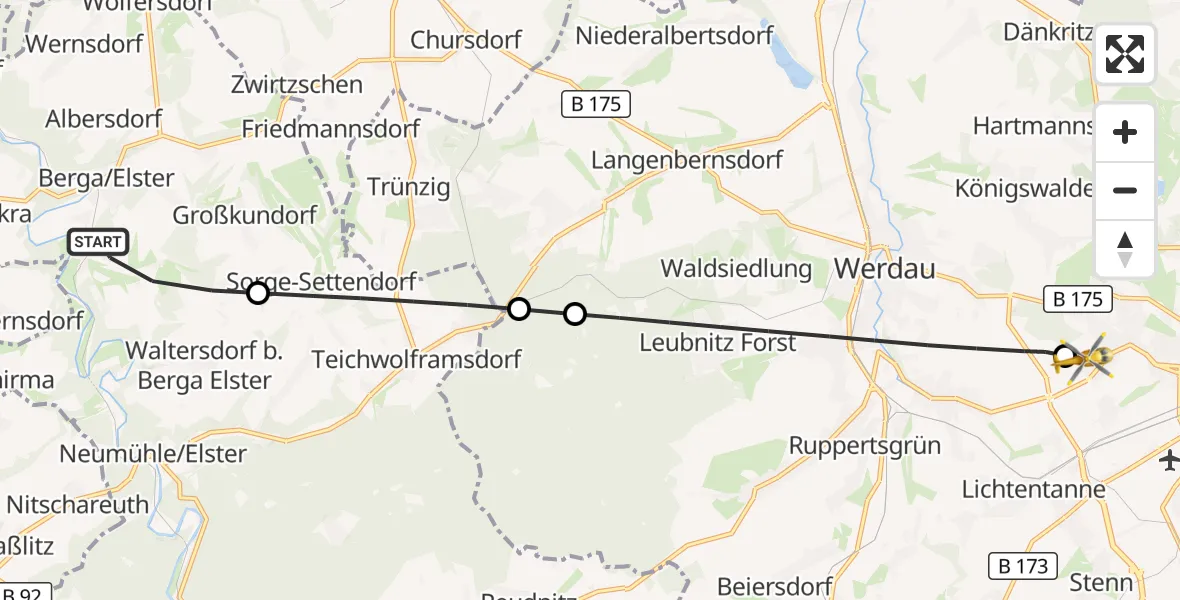 Flugroute Rettungshubschrauber Berga-Wünschendorf - ADAC Air Rescue Station Zwickau Hubschrauberlandeplatz, 13 Mai 2026, 12:39