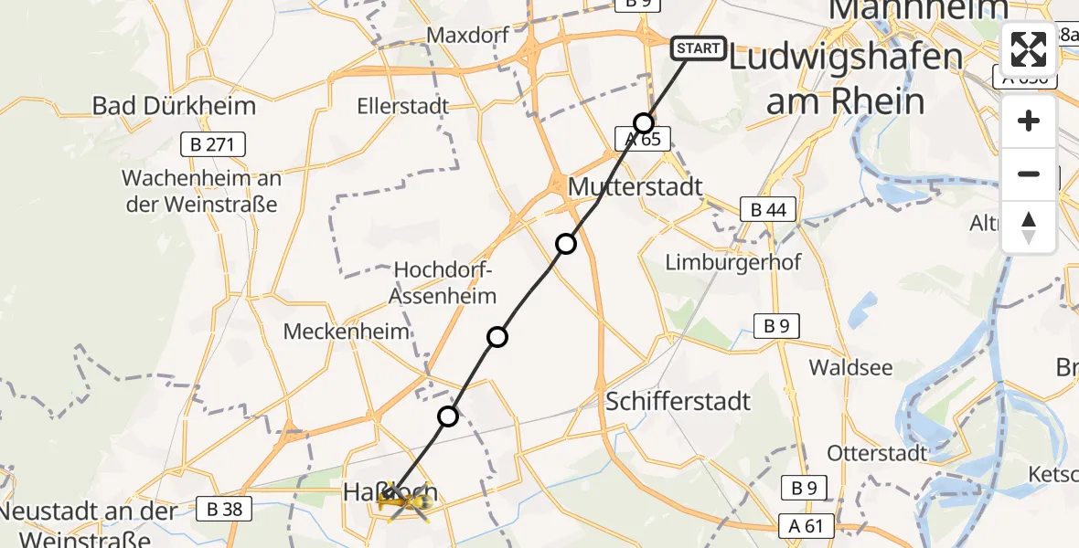 Flugroute Rettungshubschrauber Ludwigshafen am Rhein - Haßloch, 13 Mai 2026, 12:41