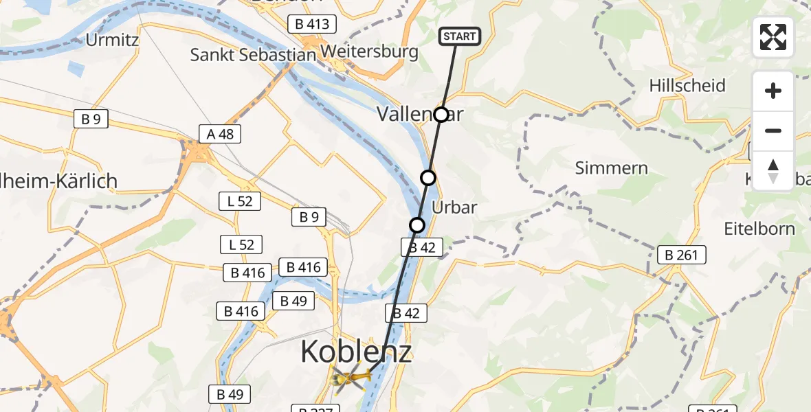 Flugroute Rettungshubschrauber Weitersburg - Koblenz, 13 Mai 2026, 12:42