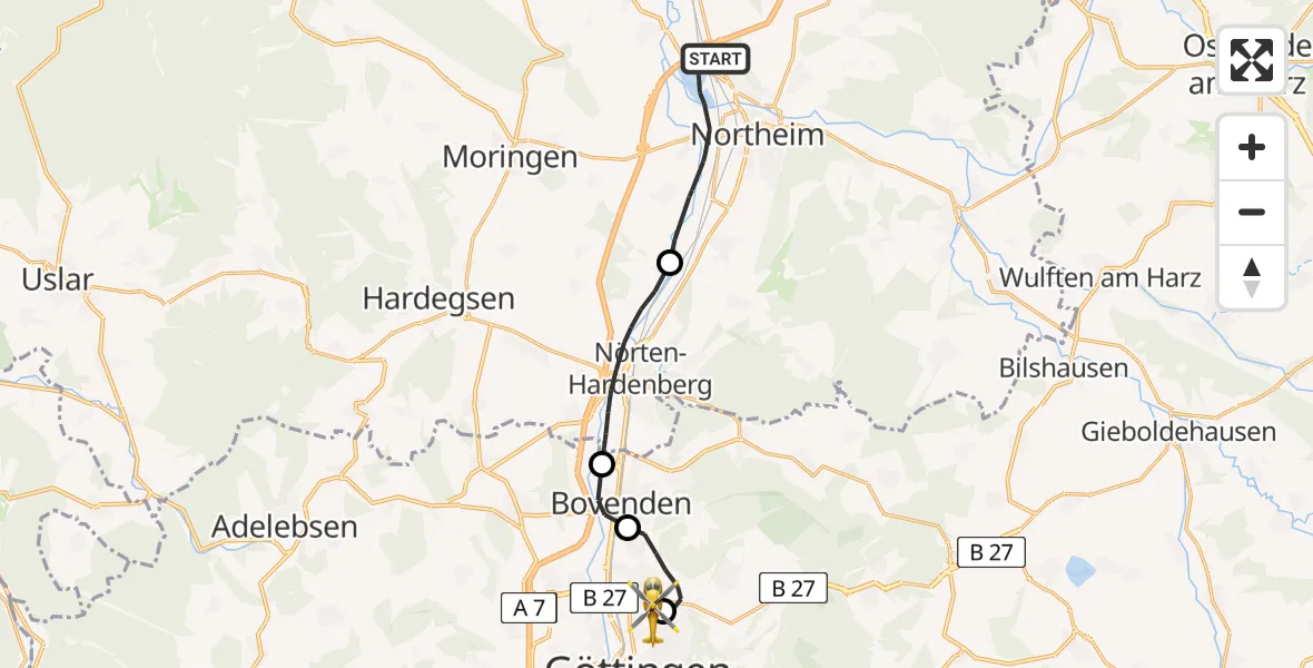 Flugroute Rettungshubschrauber Northeim - Göttingen University Clinic Hubschrauberlandeplatz, 13 Mai 2026, 12:44