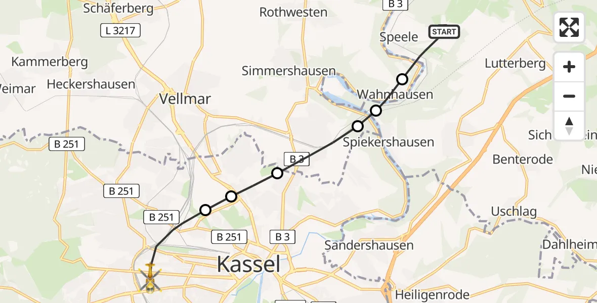 Flugroute Rettungshubschrauber Staufenberg - Kassel, 13 Mai 2026, 12:54
