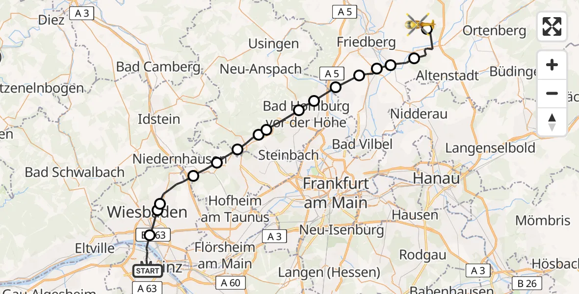 Flugroute Ambulanzhubschrauber Mainz - Reichelsheim (Wetterau), 13 Mai 2026, 12:55
