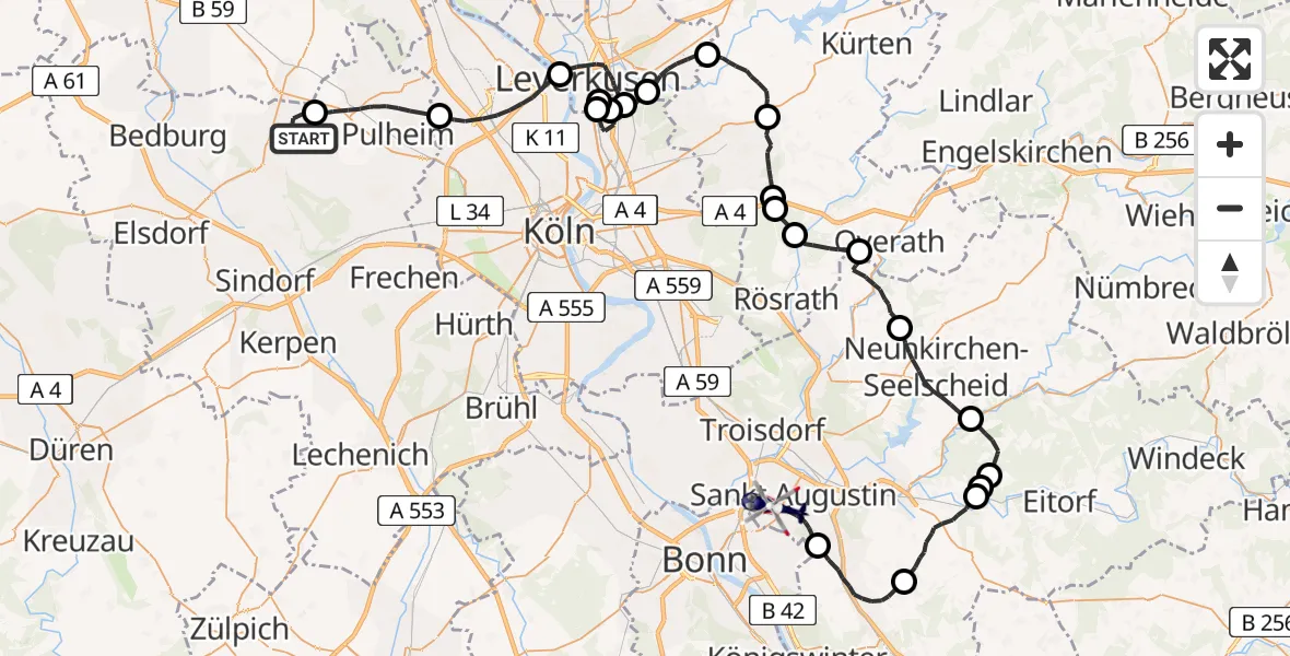 Flugroute Polizeihubschrauber Bergheim - Sankt Augustin, 13 Mai 2026, 12:57