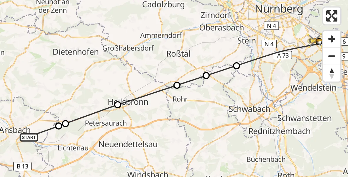 Flugroute Ambulanzhubschrauber Ansbach - Nürnberg South Hospital, 13 Mai 2026, 13:04