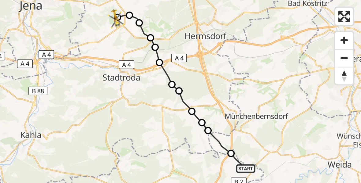 Flugroute Rettungshubschrauber Geroda - Jena-Schöngleina Flugplatz, 13 Mai 2026, 13:05