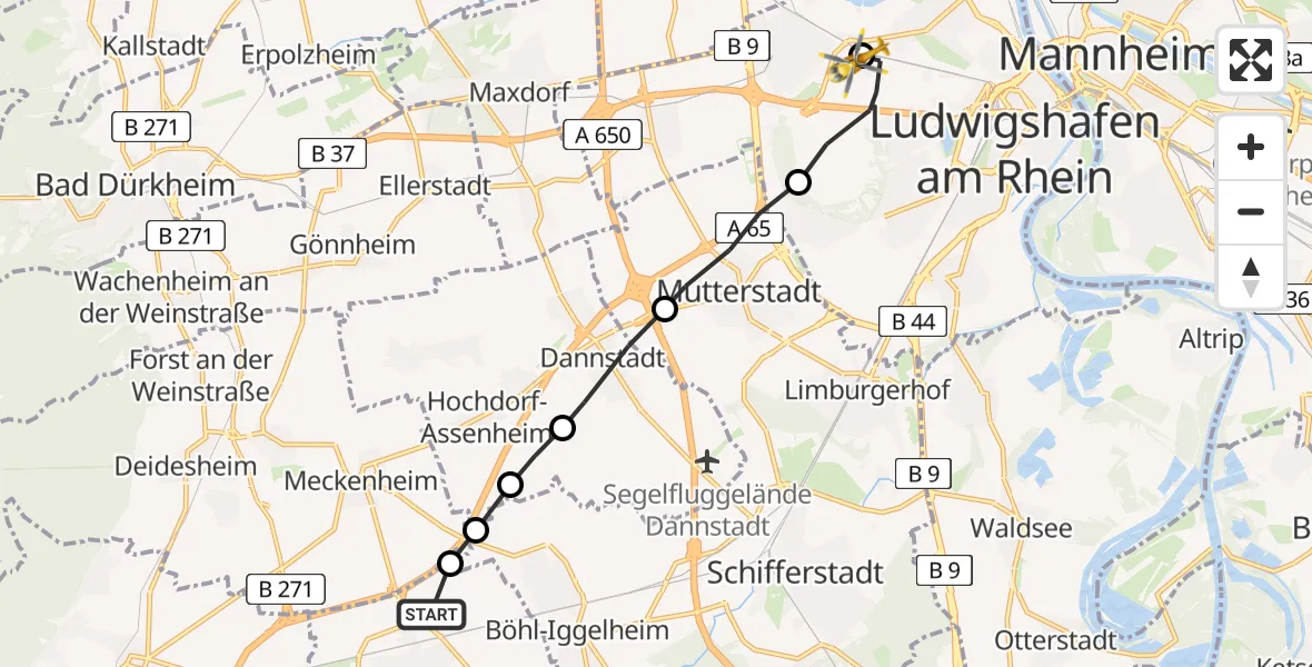 Flugroute Rettungshubschrauber Haßloch - Ludwigshafen Accident Hospital, 13 Mai 2026, 13:09