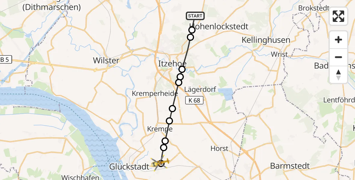 Flugroute Rettungshubschrauber Hohenlockstedt - Herzhorn, 13 Mai 2026, 13:10