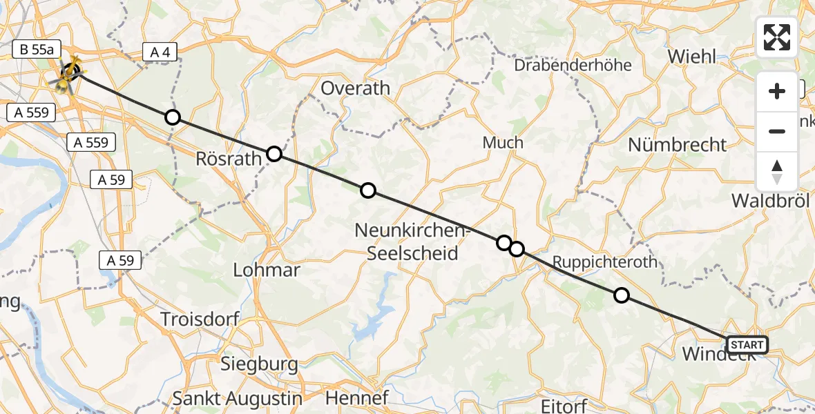 Flugroute Rettungshubschrauber Windeck - Merheim Hospital, 13 Mai 2026, 13:12
