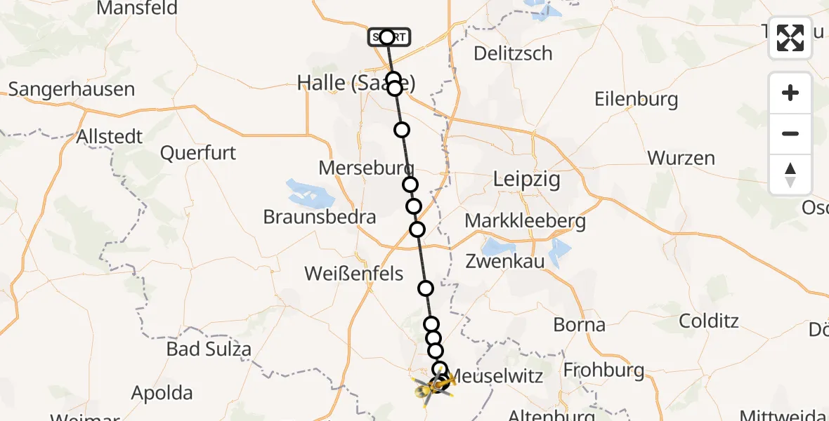 Flugroute Rettungshubschrauber Halle-Oppin Flugplatz - Zeitz Hospital, 13 Mai 2026, 13:14