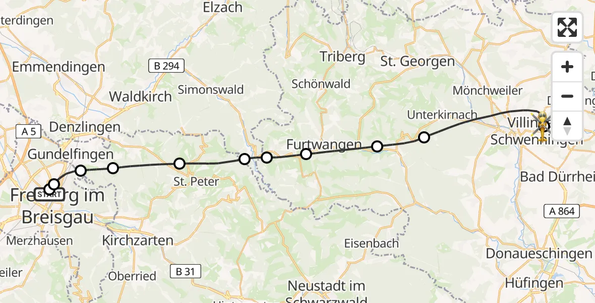Flugroute Rettungshubschrauber Freiburg University Hospital Heliport 1 - DRF Air Rescue Station Villingen-Schwenningen Hubschrauberlandeplatz (Christoph 11), 13 Mai 2026, 13:14