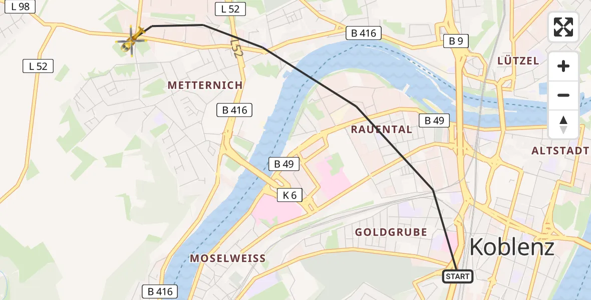 Flugroute Rettungshubschrauber Koblenz - Koblenz, 13 Mai 2026, 13:15