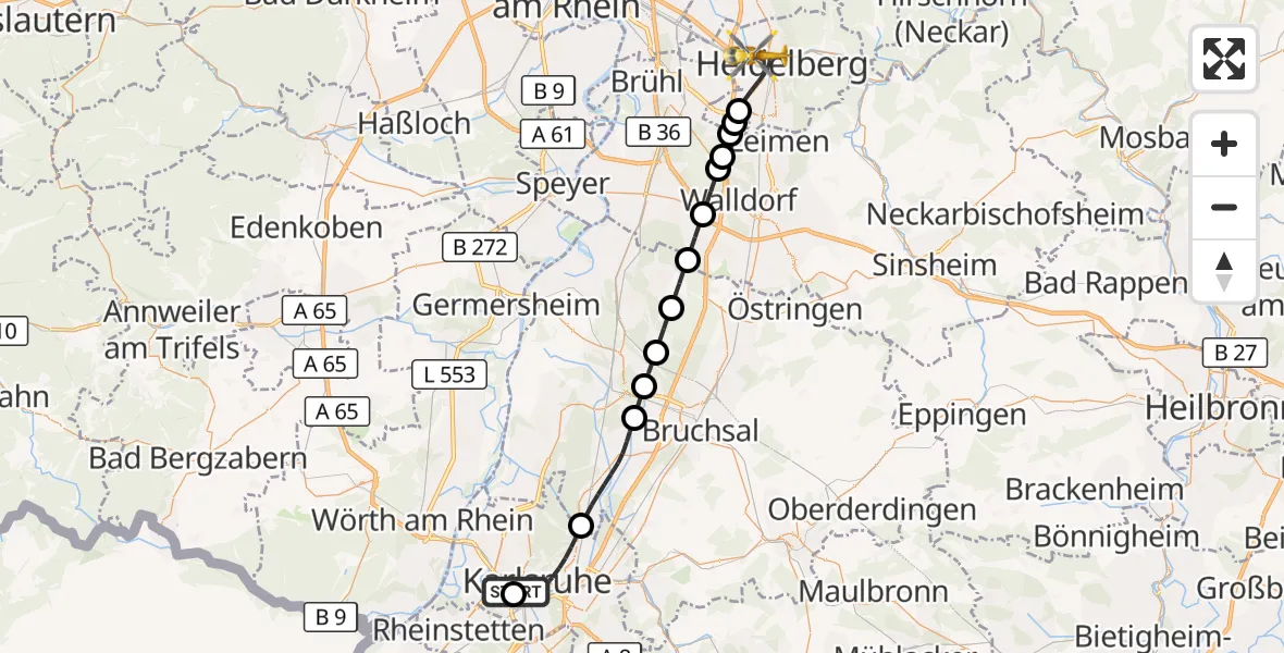 Flugroute Rettungshubschrauber Sankt Vincentius Hospital - Heidelberg, 13 Mai 2026, 13:21