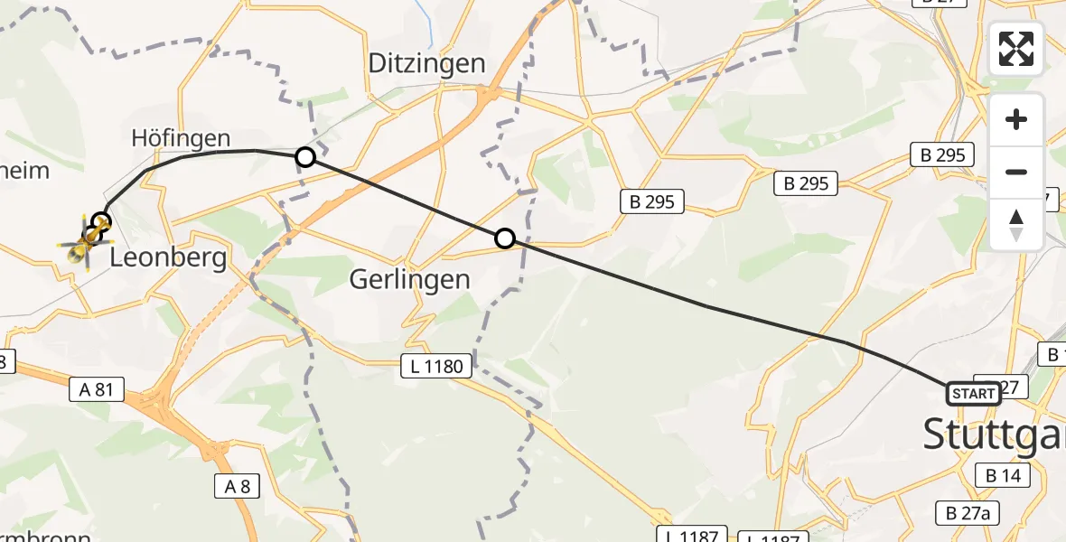 Flugroute Rettungshubschrauber Stuttgart - Leonberg Hospital, 13 Mai 2026, 13:27