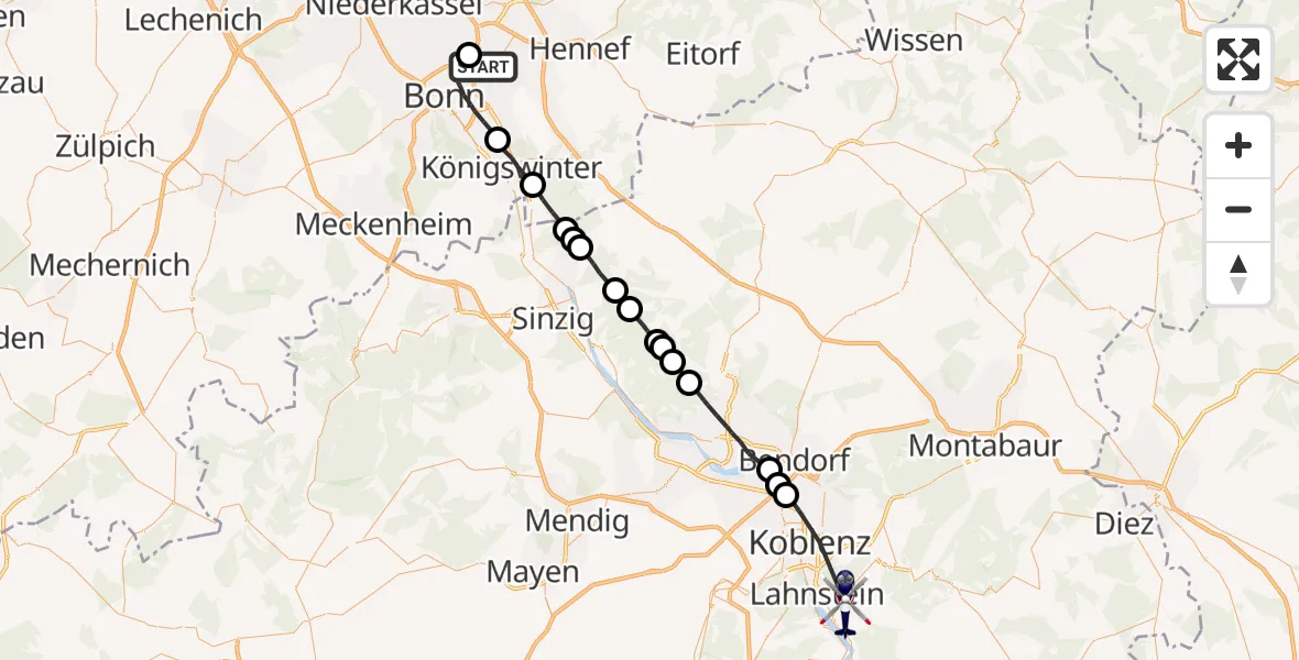 Flugroute Polizeihubschrauber Sankt Augustin - Lahnstein, 13 Mai 2026, 13:36