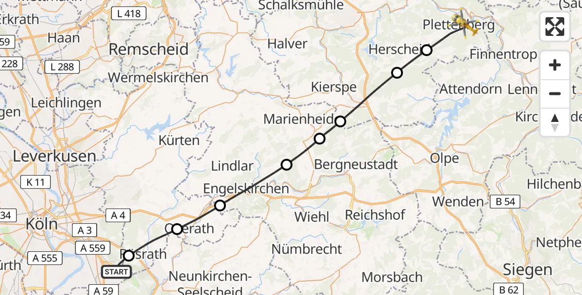 Flugroute Rettungshubschrauber Köln Bonn Flughafen - Plettenberg, 13 Mai 2026, 13:39