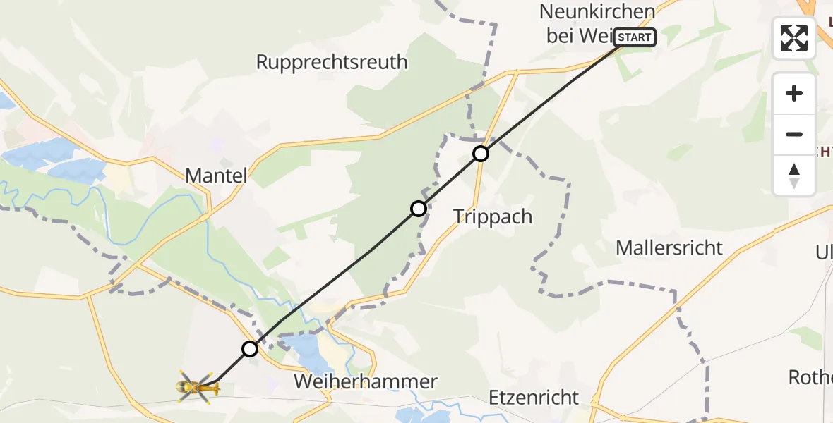 Flugroute Rettungshubschrauber Weiden i.d.OPf. - Weiherhammer, 13 Mai 2026, 13:39