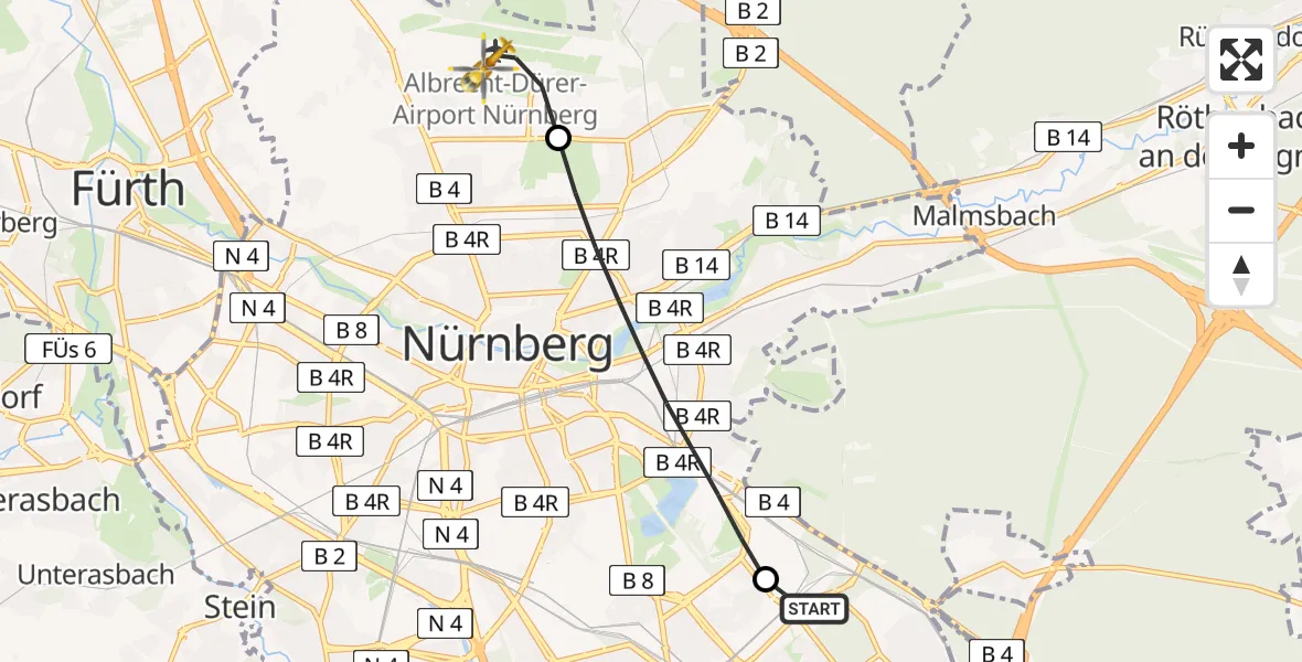 Flugroute Ambulanzhubschrauber Nürnberg South Hospital - Flughafen Nuremberg, 13 Mai 2026, 13:43