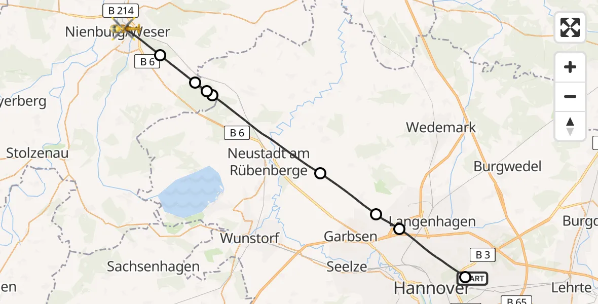 Flugroute Rettungshubschrauber Hannover Luftrettung Hubschrauberlandeplatz (Christoph 4) - Nienburg (Weser), 13 Mai 2026, 13:45