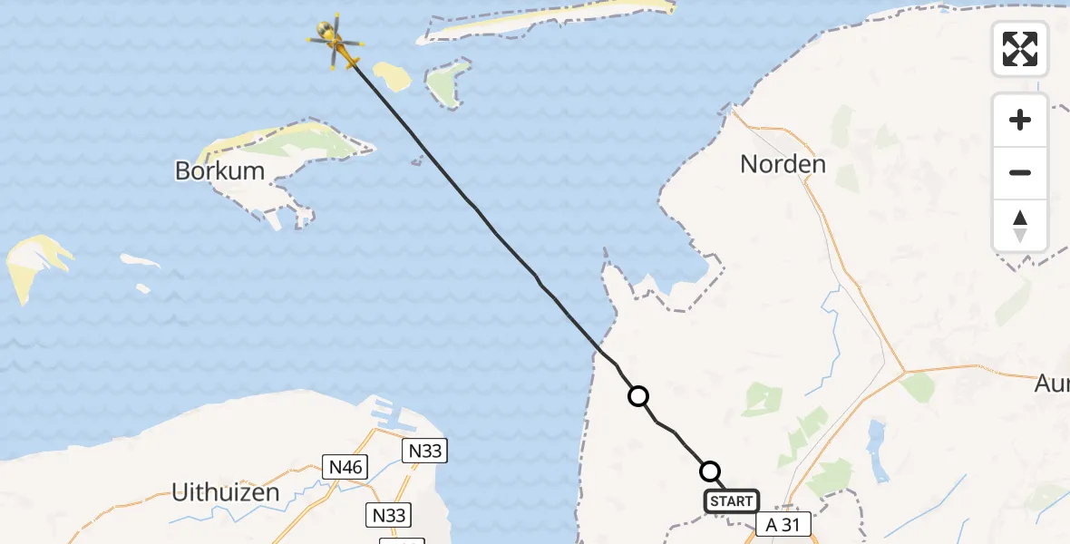 Flugroute Ambulanzhubschrauber Hinte - Noordzee, 13 Mai 2026, 13:52