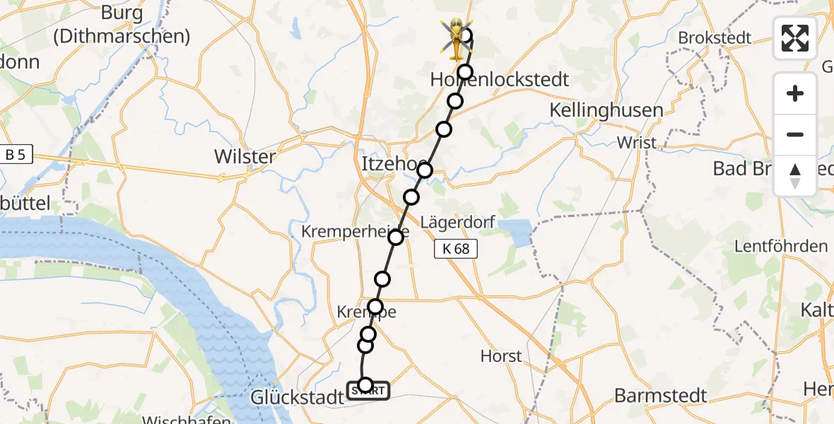 Flugroute Rettungshubschrauber Herzhorn - Itzehoe Hungriger Wolf Flugplatz, 13 Mai 2026, 13:53