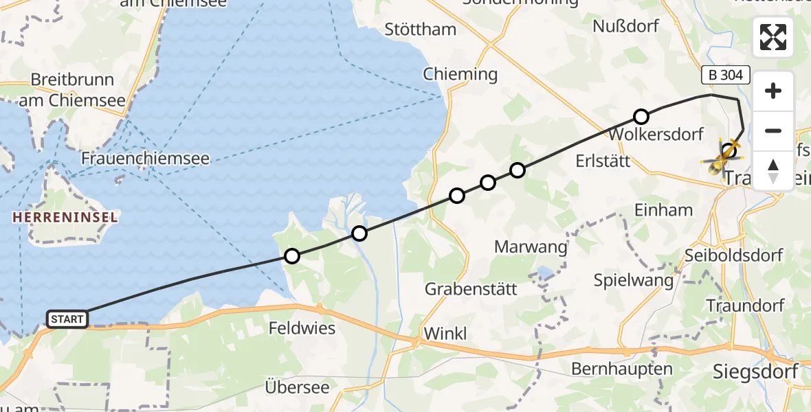 Flugroute Rettungshubschrauber Chiemsee (See) - Traunstein Hospital, 13 Mai 2026, 13:55