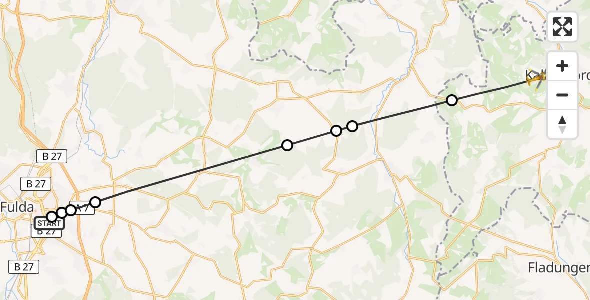 Flugroute Rettungshubschrauber Fulda Hospital - Kaltennordheim, 13 Mai 2026, 13:56