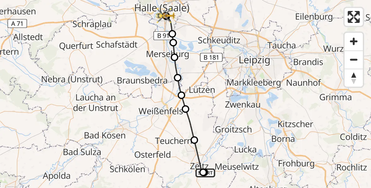 Flugroute Rettungshubschrauber Zeitz Hospital - BG Hospital Bergmannstrost Halle, 13 Mai 2026, 13:59