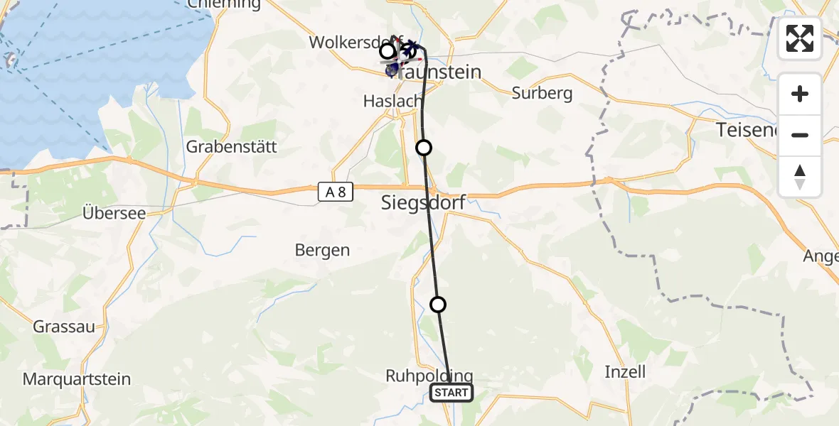 Flugroute Polizeihubschrauber Ruhpolding - Traunstein Hospital, 13 Mai 2026, 14:02