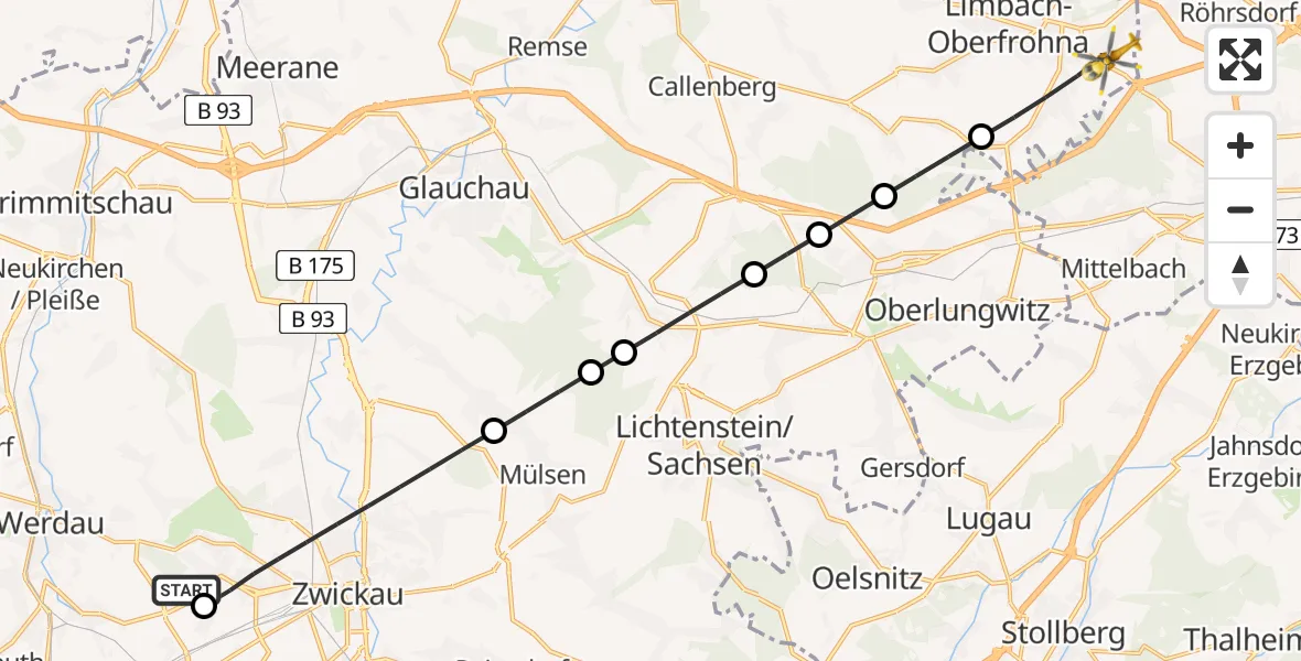 Flugroute Rettungshubschrauber ADAC Air Rescue Station Zwickau Hubschrauberlandeplatz - Limbach-Oberfrohna, 13 Mai 2026, 14:18